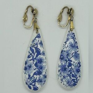 Floral Blue and Gold Drop Earrings